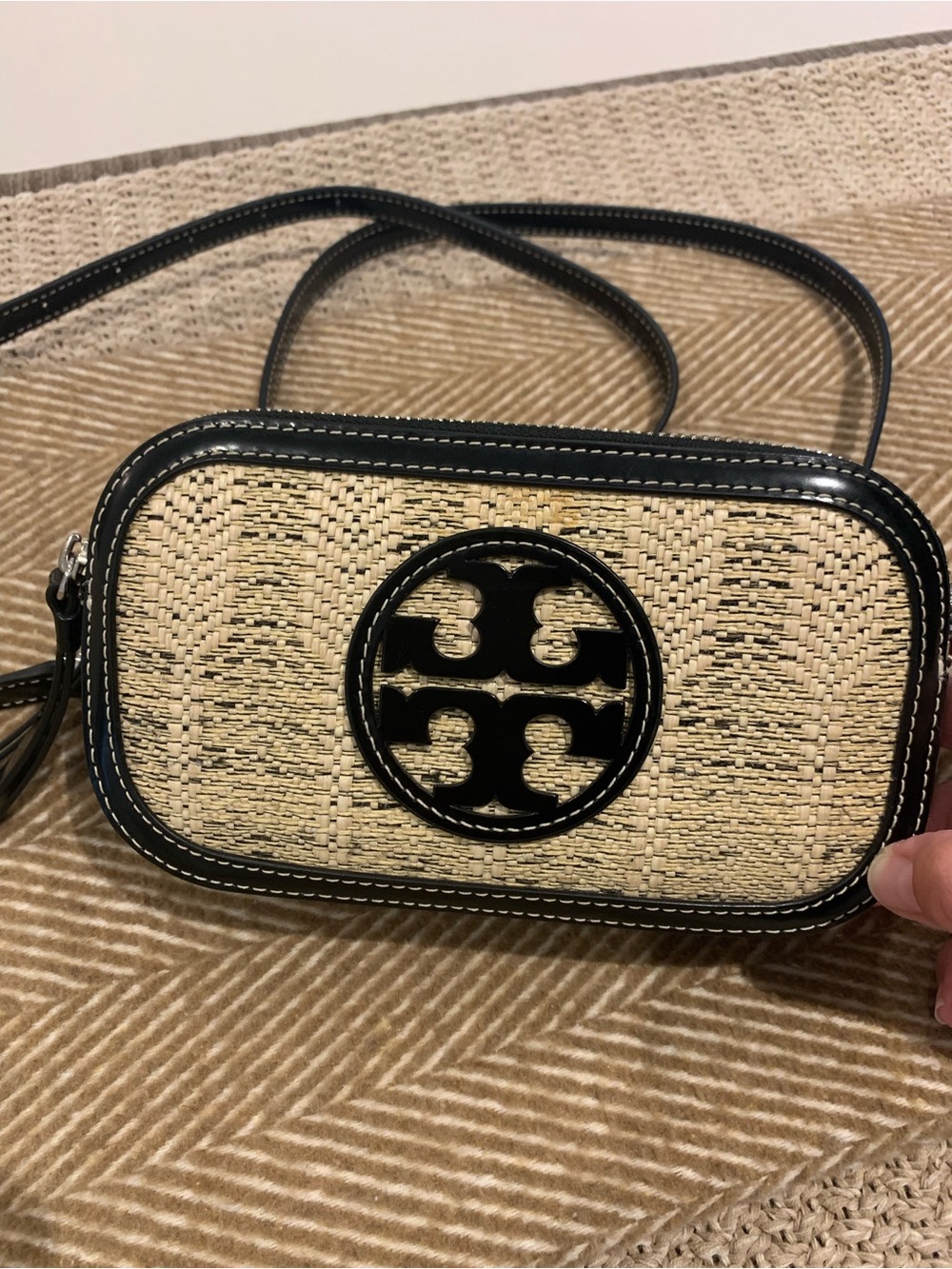 Tory Burch Mini Miller Woven Linen Crossbody Bag with Black Trim and Logo